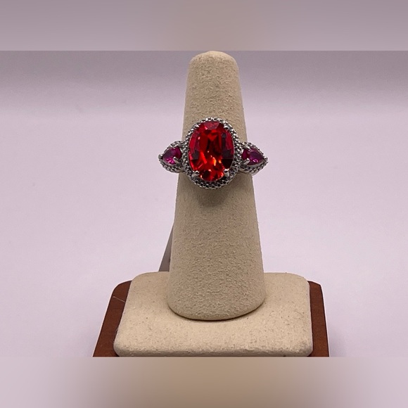Simulated Ruby Rhinestone Ring - Silver Toned Victorian Setting Stainless Steel - Picture 12 of 15